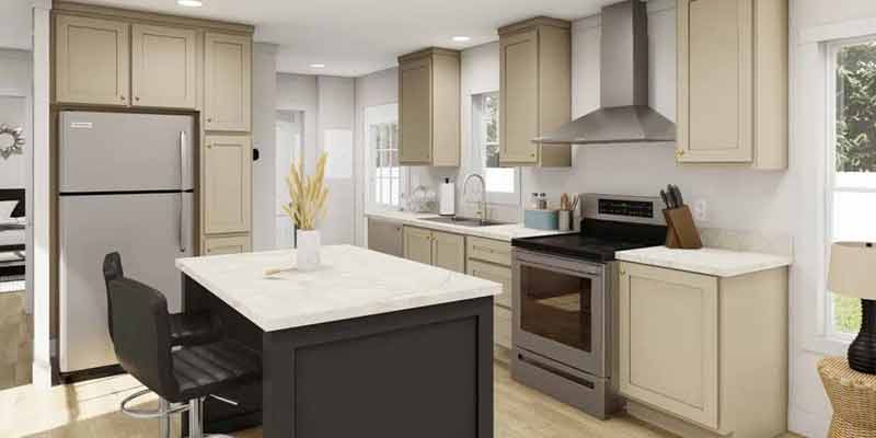 Clayton Homes Yesterday Model – Modern kitchen interior rendering showing premium finishes and open-concept design.